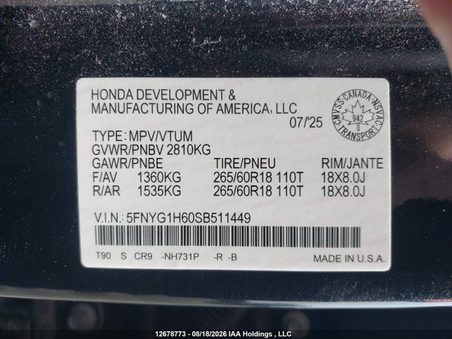 12678773 :رقم المزاد ، 5FNYG1H60SB511449 vin ، 2025 Honda Pilot Trailsport مزاد بيع