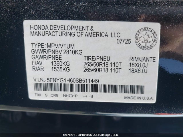 12678773 :رقم المزاد ، 5FNYG1H60SB511449 vin ، 2025 Honda Pilot Trailsport مزاد بيع