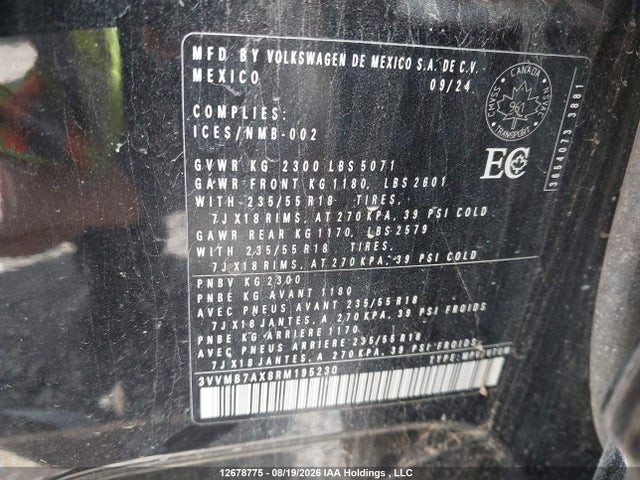 Aukcja sprzedaży 2024 Volkswagen Tiguan Comfortline, vin: 3VVMB7AX8RM195230, numer aukcji: 12678775