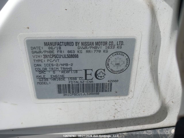 3N1CP5CU1JL508098 Nissan Kicks S/sr/sv