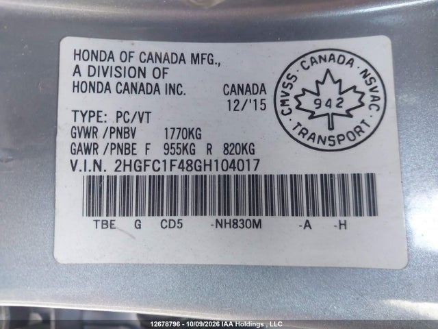 Honda Civic 2016 2HGFC1F48GH104017 Image 9
