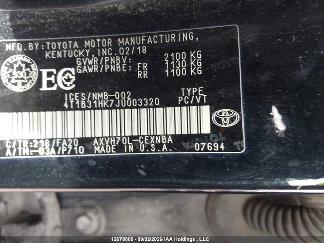 Продажа на аукционе авто 2018 Toyota Camry Hybrid Le, vin: 4T1B31HK7JU003320, номер лота: 12678800