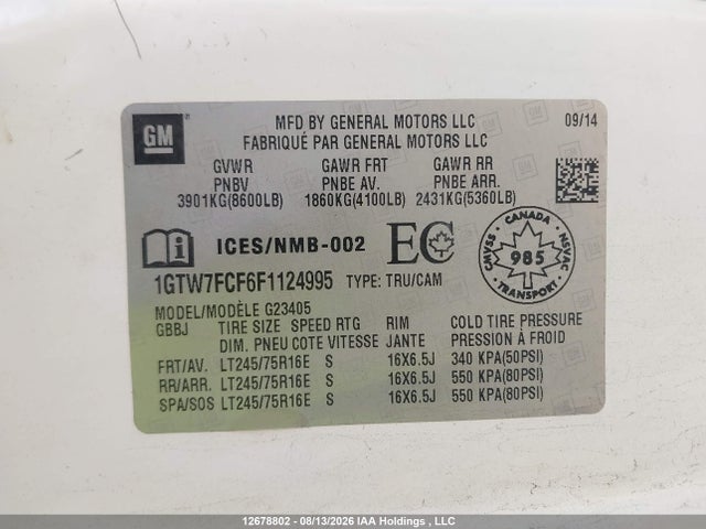GMC Savana G2500 2015 1GTW7FCF6F1124995 Image 9