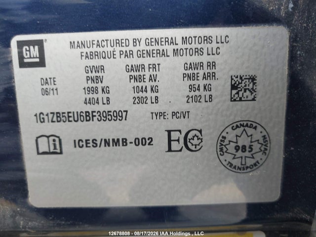 2011 Chevrolet Malibu მანქანა იყიდება აუქციონზე, vin: 1G1ZB5EU6BF395997, აუქციონის ნომერი: 12678808
