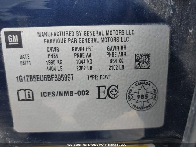 2011 Chevrolet Malibu მანქანა იყიდება აუქციონზე, vin: 1G1ZB5EU6BF395997, აუქციონის ნომერი: 12678808