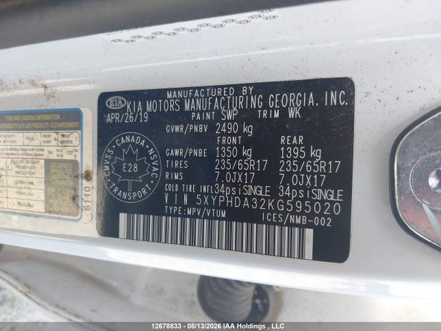 12678833 :رقم المزاد ، 5XYPHDA32KG595020 vin ، 2019 Kia Sorento Ex مزاد بيع