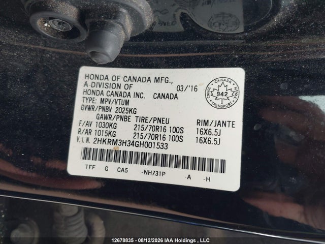 Aukcja sprzedaży 2016 Honda Cr-v Lx, vin: 2HKRM3H34GH001533, numer aukcji: 12678835