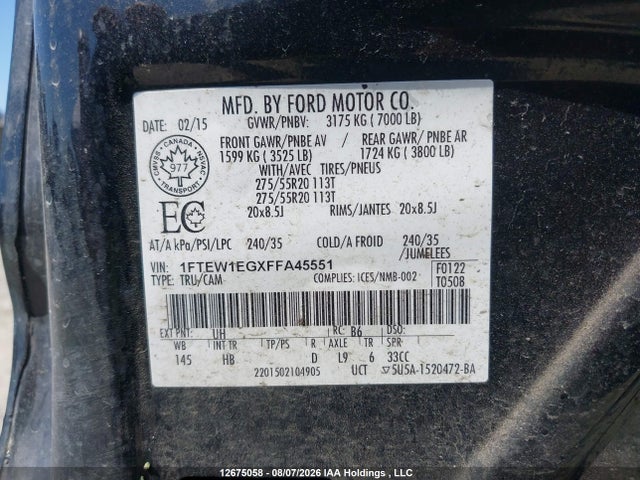 Продаж на аукціоні авто 2015 Ford F-150 Lariat, vin: 1FTEW1EGXFFA45551, номер лоту: 12675058