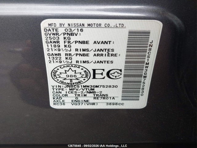 12678845 :رقم المزاد ، JN8CS1MW3GM752830 vin ، 2016 Infiniti Qx70 Sport مزاد بيع