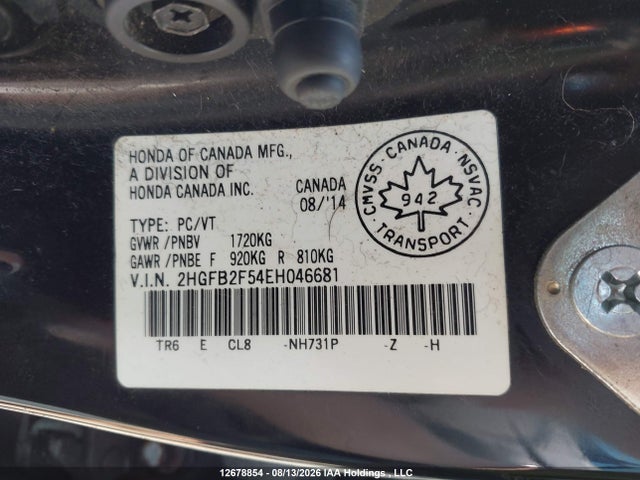 Продаж на аукціоні авто 2014 Honda Civic Lx, vin: 2HGFB2F54EH046681, номер лоту: 12678854