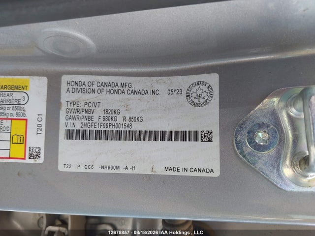 2HGFE1F99PH001548 Honda Civic Touring