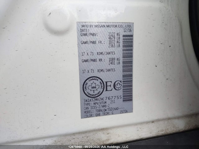 5N1AT2MV2HC767755 Nissan Rogue Sv/sl