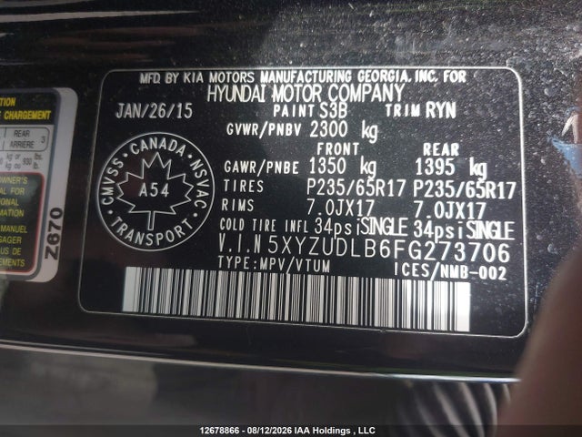 Aukcja sprzedaży 2015 Hyundai Santa Fe Sport 2.4 Premium, vin: 5XYZUDLB6FG273706, numer aukcji: 12678866