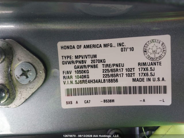 Aukcja sprzedaży 2010 Honda Cr-v Lx, vin: 5J6RE4H34AL818856, numer aukcji: 12678870