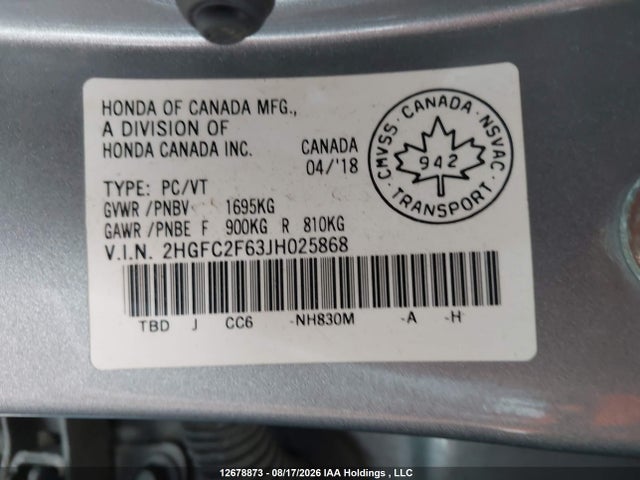 Honda CIVIC SE 2018 2HGFC2F63JH025868 Image 19