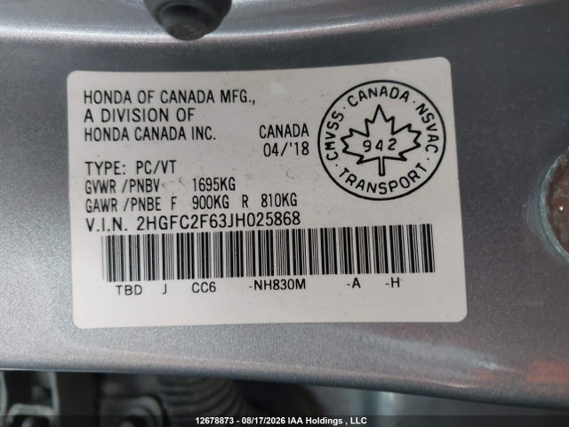 Honda CIVIC SE 2018 2HGFC2F63JH025868 Image 9