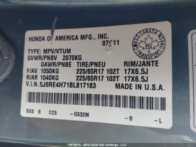 Продажа на аукционе авто 2011 Honda Cr-v Exl, vin: 5J6RE4H71BL817183, номер лота: 12678874