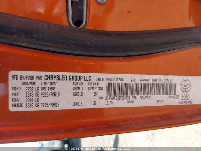 2011 Dodge Journey Canada Value Package მანქანა იყიდება აუქციონზე, vin: 3D4PG4FB3BT564793, აუქციონის ნომერი: 12678875