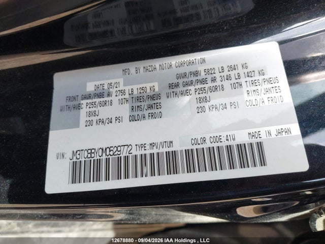 12678880 :رقم المزاد ، JM3TCBBY0M0529772 vin ، 2021 Mazda Cx-9 Gs مزاد بيع