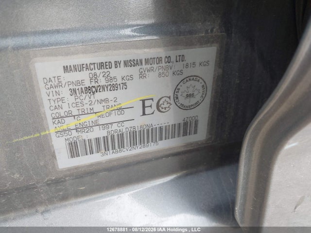 Aukcja sprzedaży 2022 Nissan Sentra Sv, vin: 3N1AB8CV2NY289175, numer aukcji: 12678881