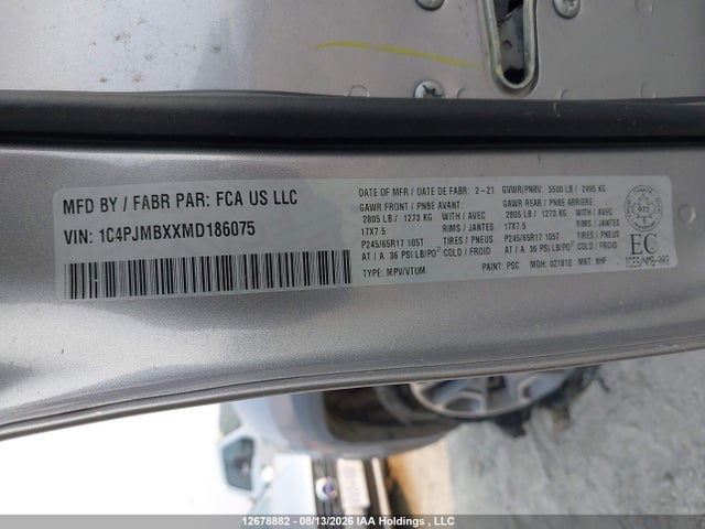 12678882 :رقم المزاد ، 1C4PJMBXXMD186075 vin ، 2021 Jeep Cherokee Trailhawk مزاد بيع