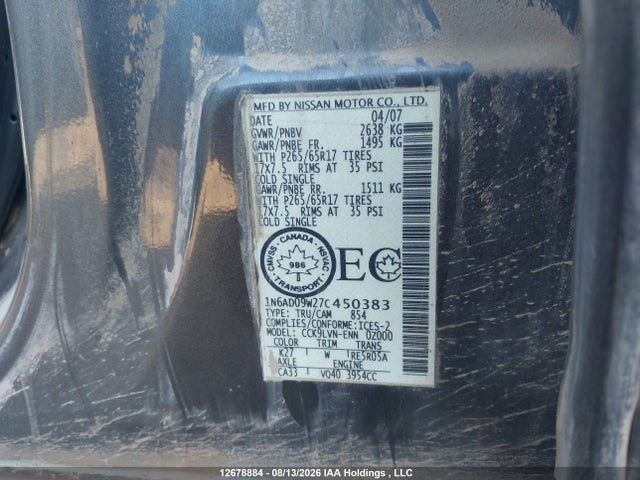 Продаж на аукціоні авто 2007 Nissan Frontier Le, vin: 1N6AD09W27C450383, номер лоту: 12678884