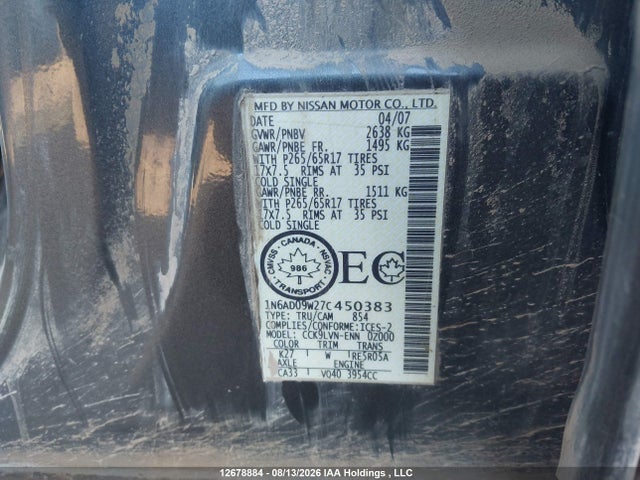 Продаж на аукціоні авто 2007 Nissan Frontier Le, vin: 1N6AD09W27C450383, номер лоту: 12678884