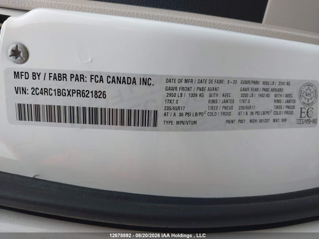 2023 Chrysler Pacifica Touring-l მანქანა იყიდება აუქციონზე, vin: 2C4RC1BGXPR621826, აუქციონის ნომერი: 12678892