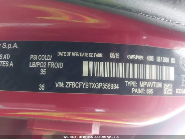2016 Fiat 500x Sport მანქანა იყიდება აუქციონზე, vin: ZFBCFYBTXGP356994, აუქციონის ნომერი: 12678893