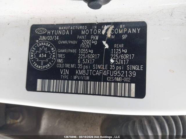 Продажа на аукционе авто 2015 Hyundai Tucson Gl, vin: KM8JTCAF4FU952139, номер лота: 12678896