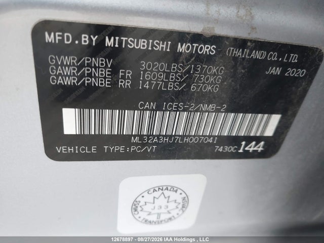 2020 Mitsubishi Mirage Es/se მანქანა იყიდება აუქციონზე, vin: ML32A3HJ7LH007041, აუქციონის ნომერი: 12678897