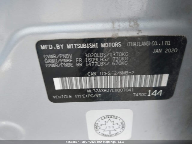 2020 Mitsubishi Mirage Es/se მანქანა იყიდება აუქციონზე, vin: ML32A3HJ7LH007041, აუქციონის ნომერი: 12678897