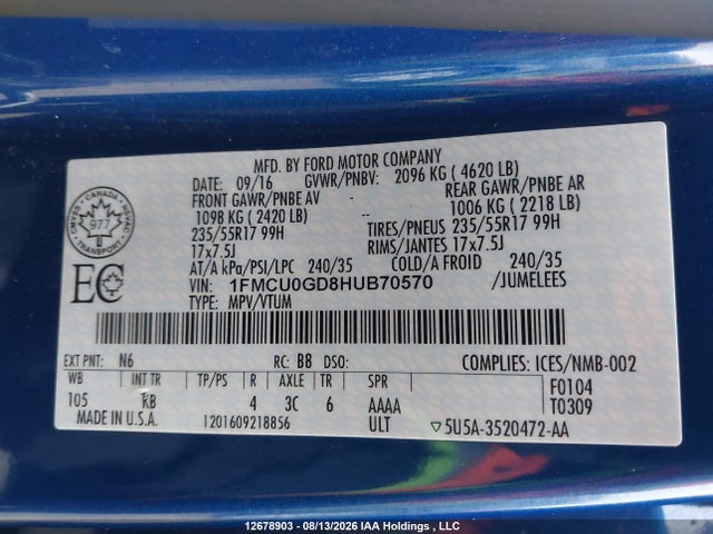 Ford ESCAPE SE 2017 1FMCU0GD8HUB70570 Image 9