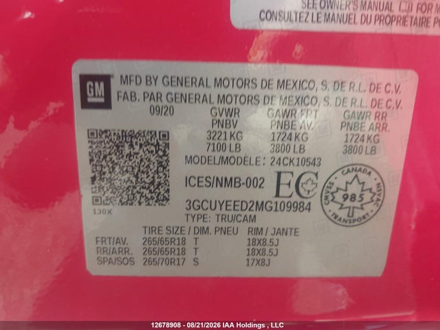 2021 Chevrolet Silverado K1500 Rst მანქანა იყიდება აუქციონზე, vin: 3GCUYEED2MG109984, აუქციონის ნომერი: 12678908
