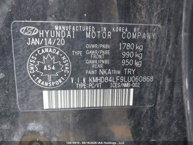 Aukcja sprzedaży 2020 Hyundai Elantra, vin: KMHD84LF9LU060868, numer aukcji: 12678918