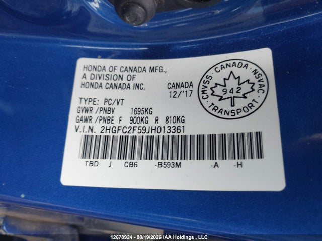 Honda Civic Lx 2018 2HGFC2F59JH013361 Image 9