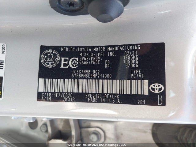 12678929 :رقم المزاد ، 5YFBPMBE8MP214900 vin ، 2021 Toyota Corolla Le مزاد بيع
