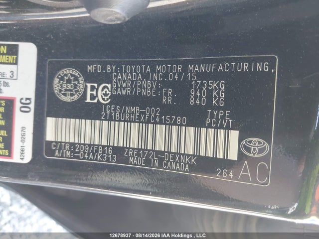 2T1BURHEXFC415780 Toyota Corolla L/le/le Pls/prm/s/s Pls