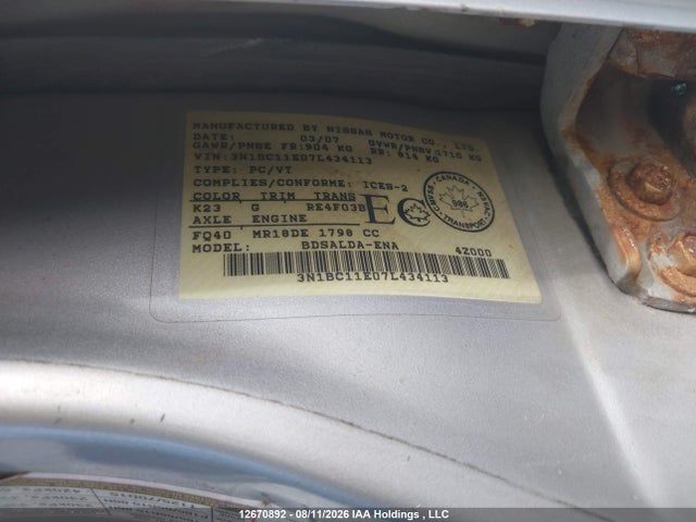 12670892 :رقم المزاد ، 3N1BC11E07L434113 vin ، 2007 Nissan Versa 1.8s مزاد بيع