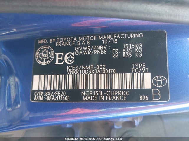 VNKKTUD3XJA100170 Toyota YARIS LE