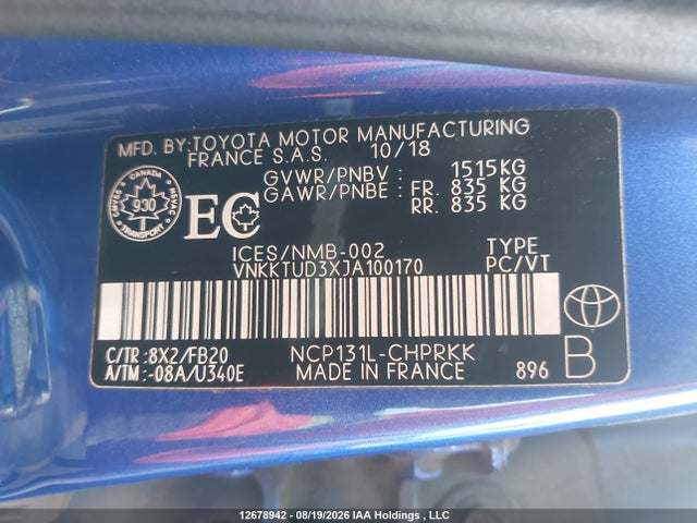 VNKKTUD3XJA100170 Toyota YARIS LE