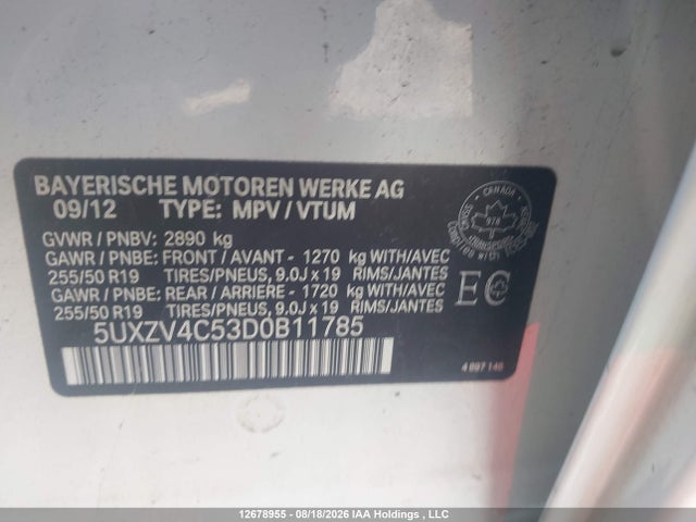 Aukcja sprzedaży 2013 Bmw X5 Xdrive35i, vin: 5UXZV4C53D0B11785, numer aukcji: 12678955