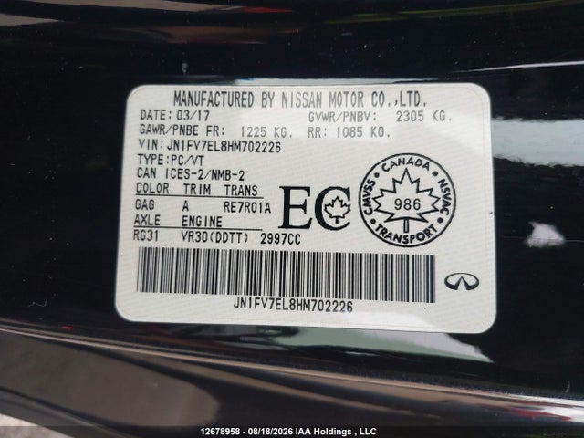 12678958 :رقم المزاد ، JN1FV7EL8HM702226 vin ، 2017 Infiniti Q60 3.0t Red Sport 400 مزاد بيع