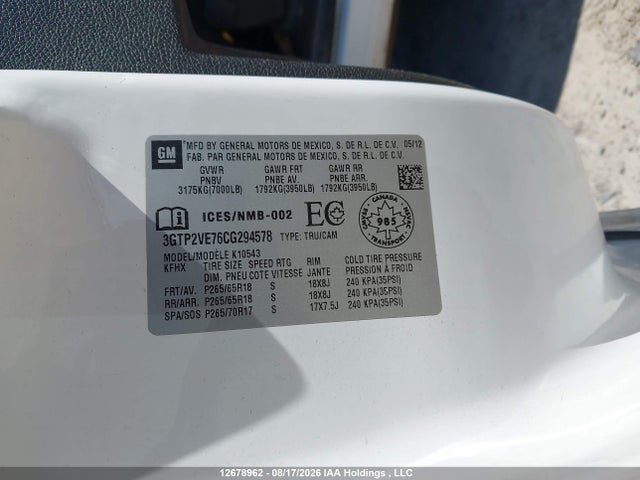 Aukcja sprzedaży 2012 Gmc Sierra 1500, vin: 3GTP2VE76CG294578, numer aukcji: 12678962