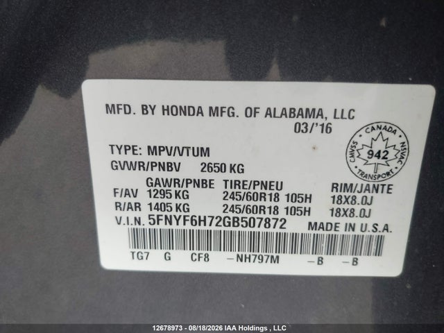 Honda PILOT EXLN 2016 5FNYF6H72GB507872 Image 9