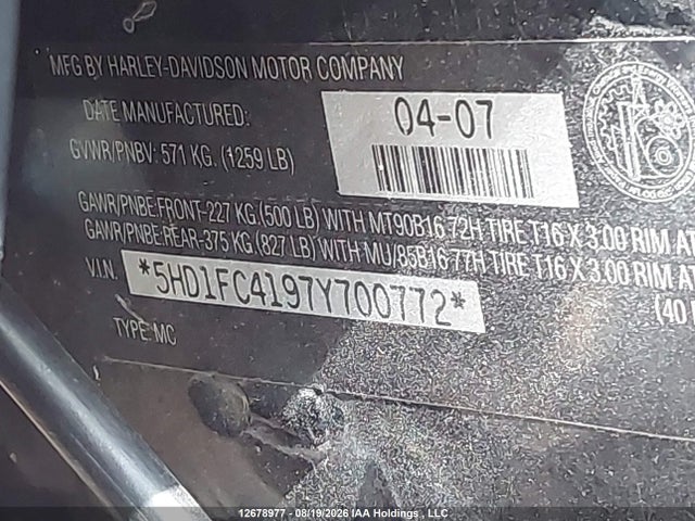 Продаж на аукціоні авто 2007 Harley-davidson Flhtcui, vin: 5HD1FC4197Y700772, номер лоту: 12678977