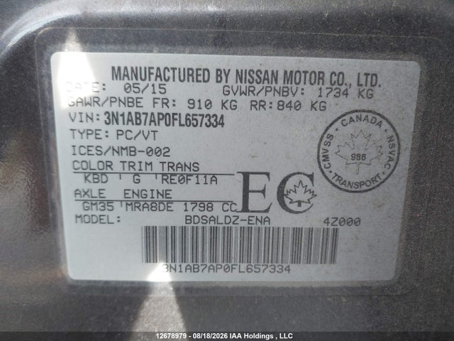 3N1AB7AP0FL657334 Nissan Sentra 1.8 S/1.8 Sl/1.8 Sr/1.8 Sv