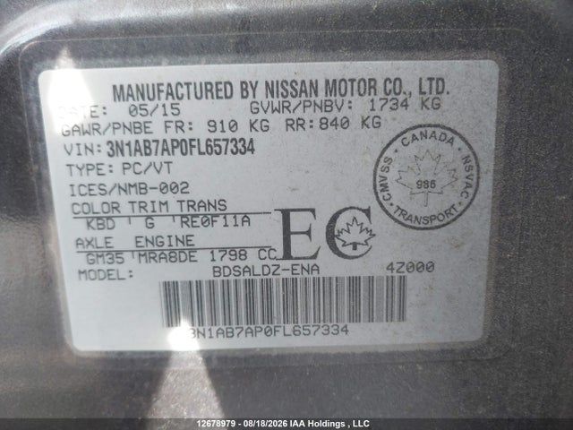 3N1AB7AP0FL657334 Nissan Sentra 1.8 S/1.8 Sl/1.8 Sr/1.8 Sv