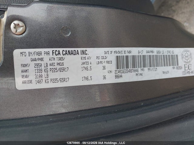 Aukcja sprzedaży 2017 Dodge Grand Caravan Gt, vin: 2C4RDGEG5HR870046, numer aukcji: 12678985