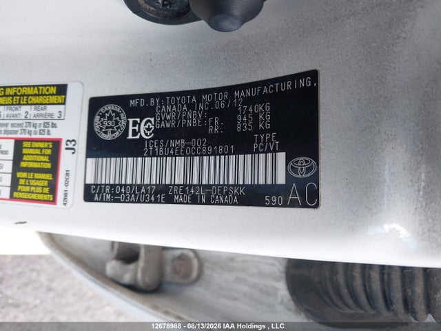 2012 Toyota Corolla S/le მანქანა იყიდება აუქციონზე, vin: 2T1BU4EE0CC891801, აუქციონის ნომერი: 12678988